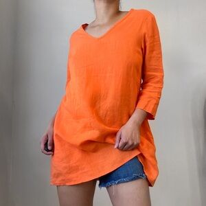 FLAX Linen 3/4 Sleeve V Neck Orange Longline Tunic Small